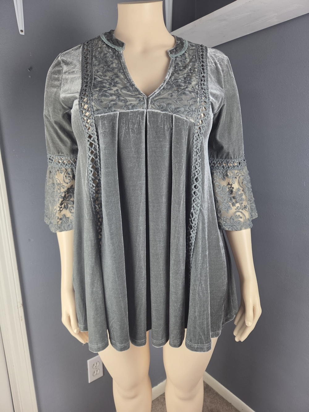 POL Velvet Lace-Trim Grey Tunic Top